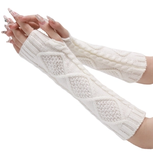 White knit arm warmers with diamond cable stitch pattern for winter fashion