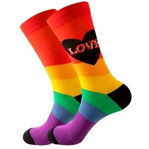 Classic rainbow striped crew socks with black heart and LOVE print on white background
