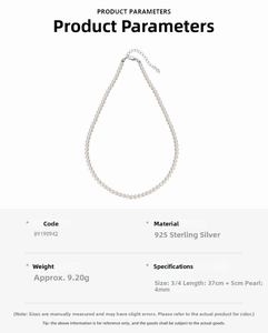 Detail of 4mm white shell pearl necklace with S925 sterling silver adjustable clasp