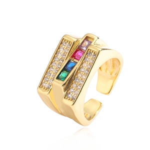 18K gold plated ring with colorful square gemstones and clear rhinestones on white background