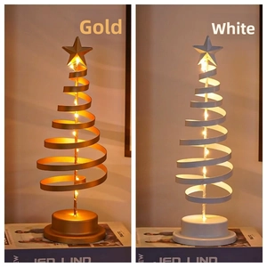 Modern spiral Christmas tree lamps with star toppers in gold and white metal finish
