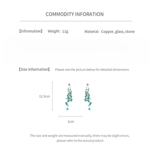 Detailed size and material information for gold tassel earrings with blue stone beads