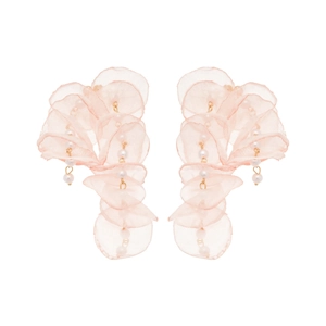 Elegant floral tassel earrings with pink chiffon petals, pearls, and silver pins for women