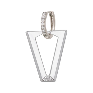 Silver V-shape geometric hoop earrings with micro-pave diamonds on white background