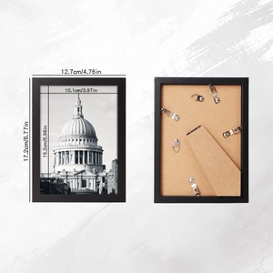 Detail of 4x6 black minimalist photo frame showing front view and back stand structure