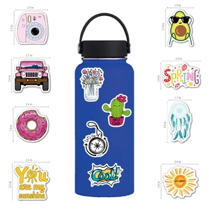 Waterproof VSCO stickers on water bottle showing 1.7 to 3.0 inch size details