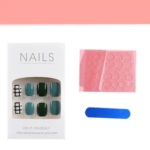 24-piece sky blue heart and checkered press-on nails set with adhesive and file