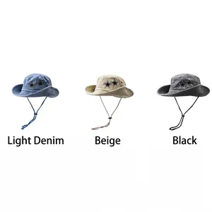 Outdoor foldable cotton bucket hats in denim blue, beige and black with star accents
