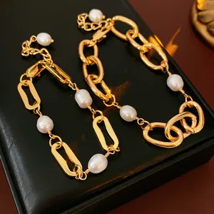 Gold Plated Iron Link Chain Bracelet With Freshwater Pearls Baroque Style Retro Minimalist Fashion Jewelry Women