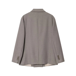 Back view of a grey double-breasted suit blazer featuring a notched lapel and long sleeves