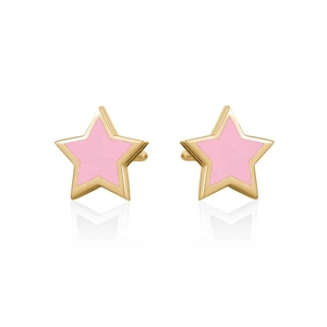 Detailansicht der goldenen Stern-Ohrstecker mit rosa Emaille-Füllung auf weißem Grund