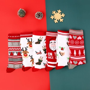 Festive 6-pair Christmas cotton socks set with Santa Claus and reindeer holiday patterns