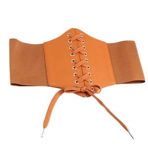 Vintage brown elastic wide corset belt with PU leather lace-up front and metal eyelets