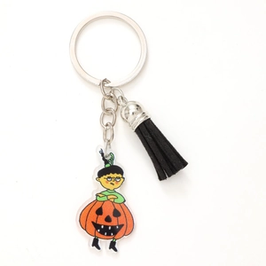 Halloween acrylic keychain with cartoon pumpkin boy, black tassel, and silver ring