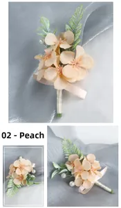 Detailed view of orange silk hydrangea boutonniere with faux pearls and ribbon wrap