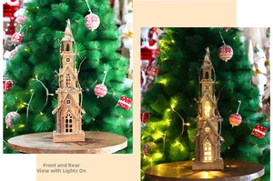Detail of wooden Christmas church ornament with LED light in lit and unlit mode