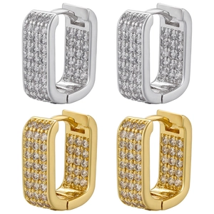 Simple French Style Rectangular U Shape Huggie Hoop Earrings Copper Full Pave Cubic Zirconia Luxury Women Jewelry