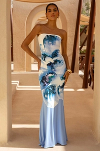 Detailed view of the elegant blue watercolor floral print on white strapless maxi dress