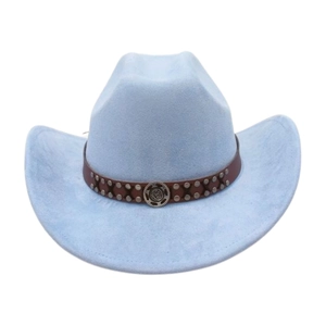 Detail of light blue western cowboy hat with brown leather band and silver metal buckle