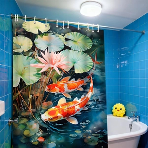 Detail of waterproof shower curtain with koi carp and lotus flowers pattern in bathroom