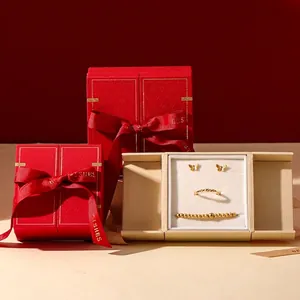 Jewelry Gift Box Red Leatherette Paper Magnetic Split Opening Bowknot Ribbon For Necklace Ring Earring Packaging