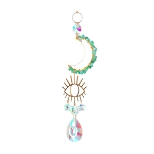 Golden moon and evil eye crystal suncatcher hanging with rainbow prism for window decor