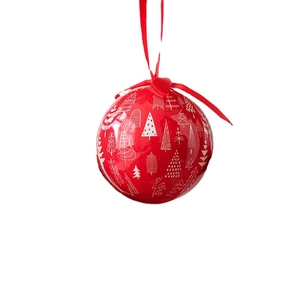 Red Christmas ball ornament with white Christmas tree print and red hanging ribbon