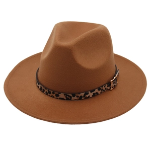 Brown wool felt fedora hat featuring leopard print band and golden buckle accessory