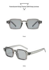 Front and side views of transparent gray square frame sunglasses with matching gray lenses