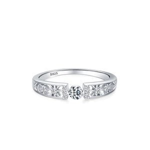 Minimalist S925 sterling silver ring with hollow geometric starburst and single zircon