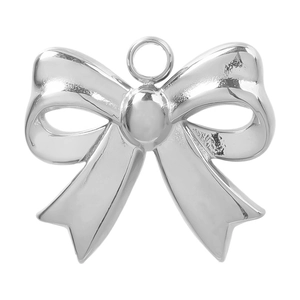Detail view of silver 304 stainless steel bow pendant with polished metal finish