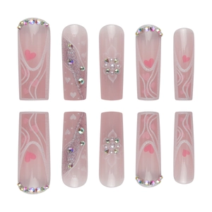 Pink heart press-on nails with silver glitter, pearls and rhinestones on long square shapes