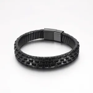 Men's Leather Woven Bracelet With Stainless Steel Magnetic Clasp Minimalist Black Vintage Punk Braid Jewelry