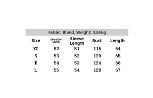 Size chart for women's short waterproof trench coat with measurements in centimeters