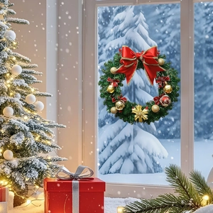 Detailed Christmas wreath with a red bow and gold ornaments hanging on a window glass