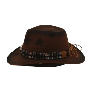 Detail of wool felt cowboy hat featuring ethnic woven band and black star print accents