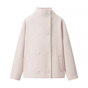 Women's light pink double-breasted cropped coat with funnel neck and wool-like texture