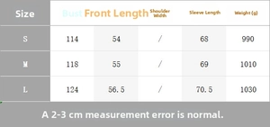 Detailed size guide table for suede biker jacket with bust and length measurements