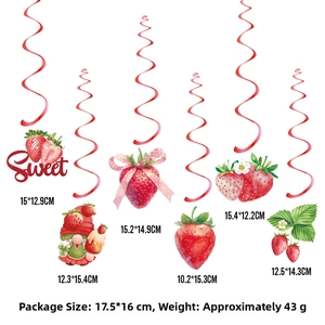 Strawberry party swirl decorations set with dimensions for sweet birthday celebrations
