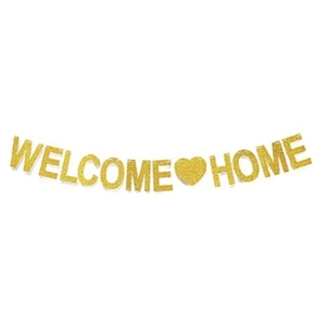 Gold glitter Welcome Home banner with heart symbol for family party decorations