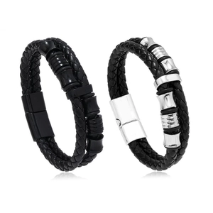 Double-layer braided leather men's bracelets with black and silver magnetic clasps