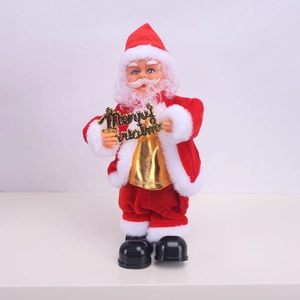 Detail view of musical Santa Claus plush doll with gold vest and Merry Christmas sign