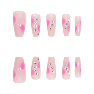 Pink heart coffin press-on nails with sparkling rhinestones and gradient design
