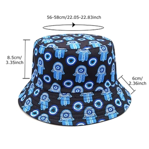 Evil eye pattern bucket hat with dimension specifications for outdoor leisure use