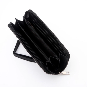 Long black vintage skull wallet with internal card slots and zipper compartment