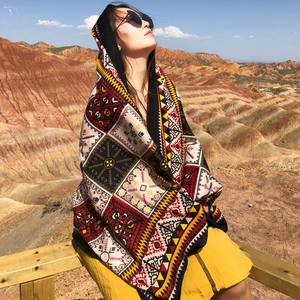 Large Scarf Shawl Cotton Linen Ethnic Print Bohemian Beach Travel Sunscreen Sun Protection Women Vintage Exotic