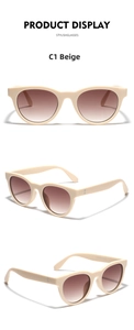 Three-angle product display of beige cat-eye sunglasses with brown gradient lenses