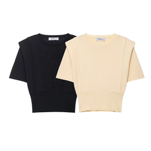 Women Short Sleeve Knit Top Polyester Acrylic Padded Shoulder Round Neck Ribbed Hem Slim Fit Elegant Solid Color Pullover