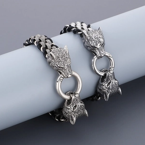 Double Wolf Head Bracelet Stainless Steel And Braided Leather Retro Viking Punk Jewelry For Men