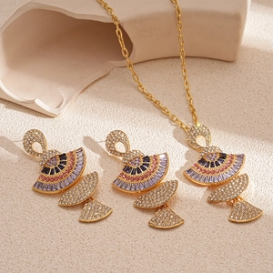 Vintage gold fan-shaped geometric necklace and earring set with colorful zircon stones